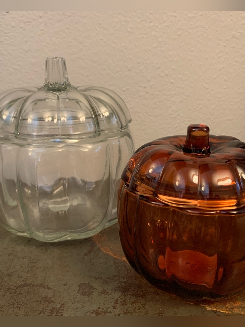 2 Glass Pumpkin Jars with Lids - Clear and Amber